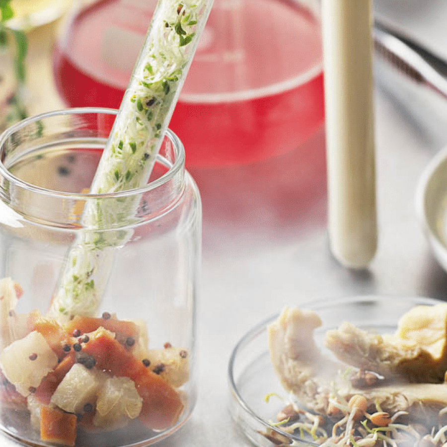 Various food ingredients, including micro-greens, ginger, and mushrooms, displayed in scientific equipment, including test tubes, conical flasks, and petri dishes.